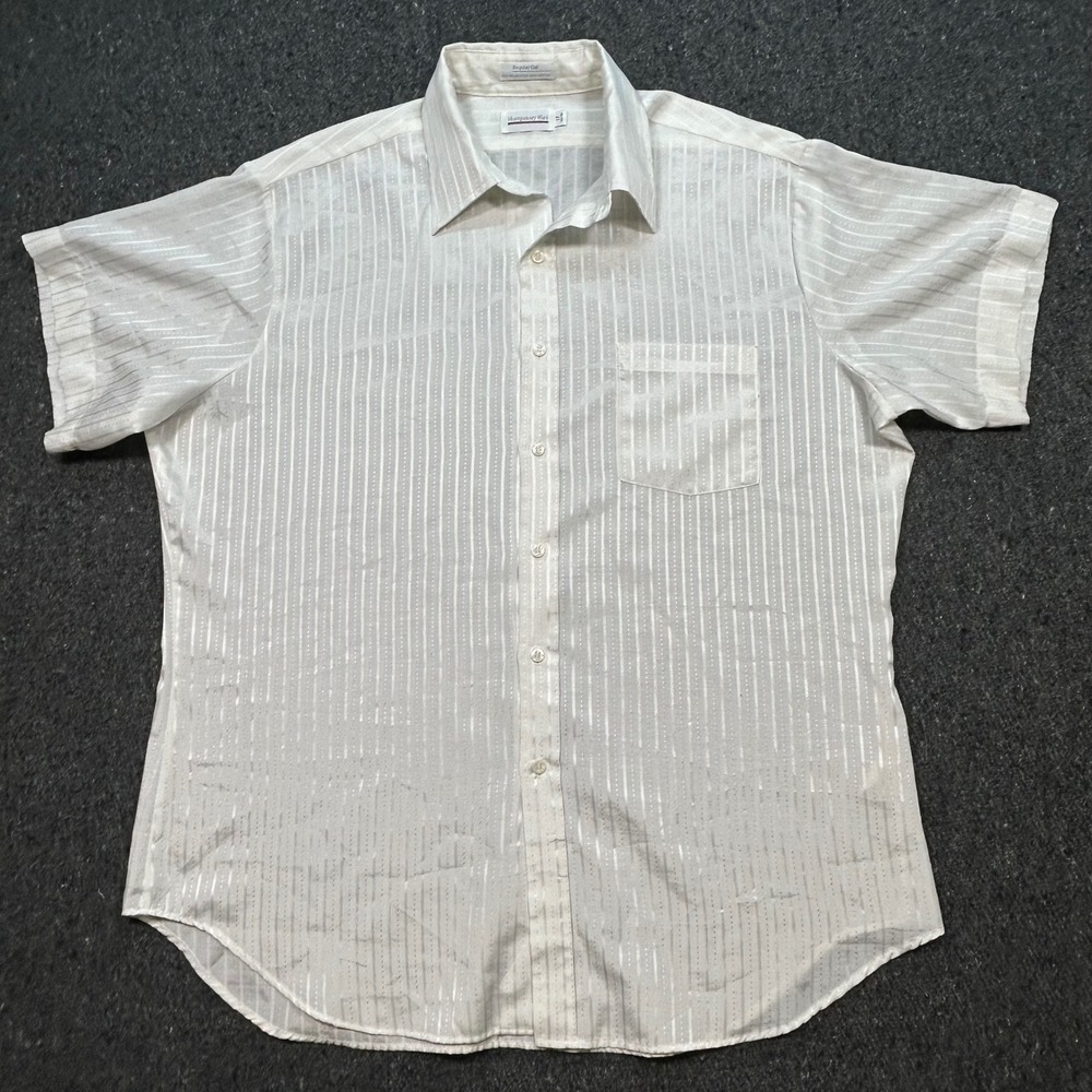 VTG Montgomery Ward Button Down Shirt 17 Mens White Short Sleeve Stripe Dobby